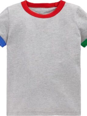 Mini Boden Gray Tee with Red Neckline and Blue & Green Sleeve Trim